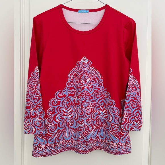 J. McLaughlin Tops - J. McLaughlin Catalina Cloth Blue Red Floral Damask Print Top Small 3/4 Sleeve